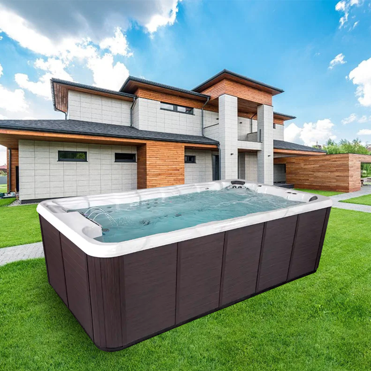 A sleek outdoor swim spa beside a contemporary home, showcasing quality designs available at a leading hot tub store Santa Rosa.
